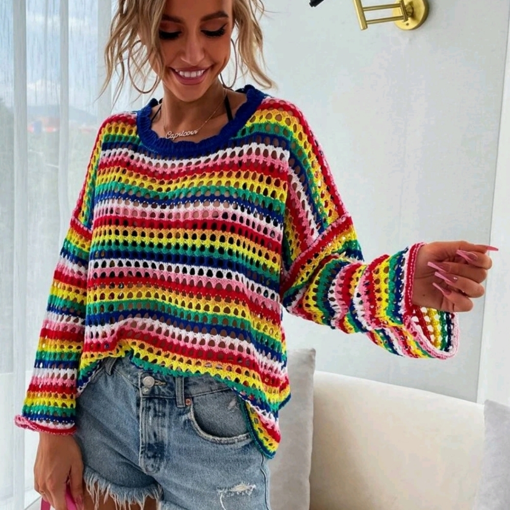 Open Knit Rainbow Stripe Sweater - Picture 4 of 8